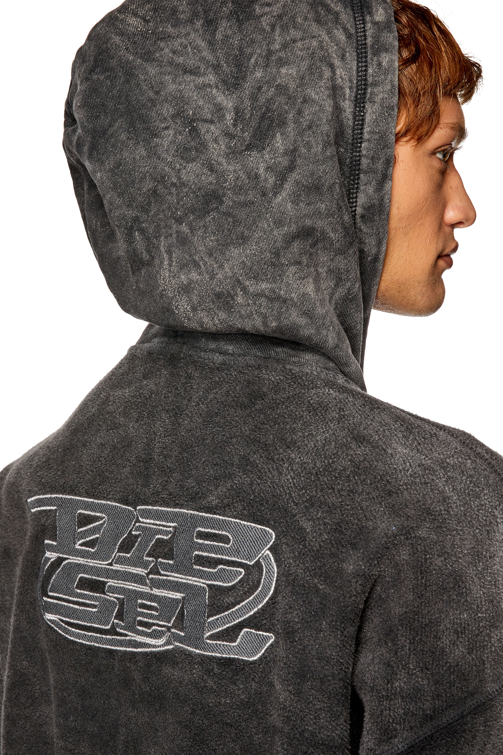 Men's Zip hoodie in marble-washed looped fleece | Black | Diesel