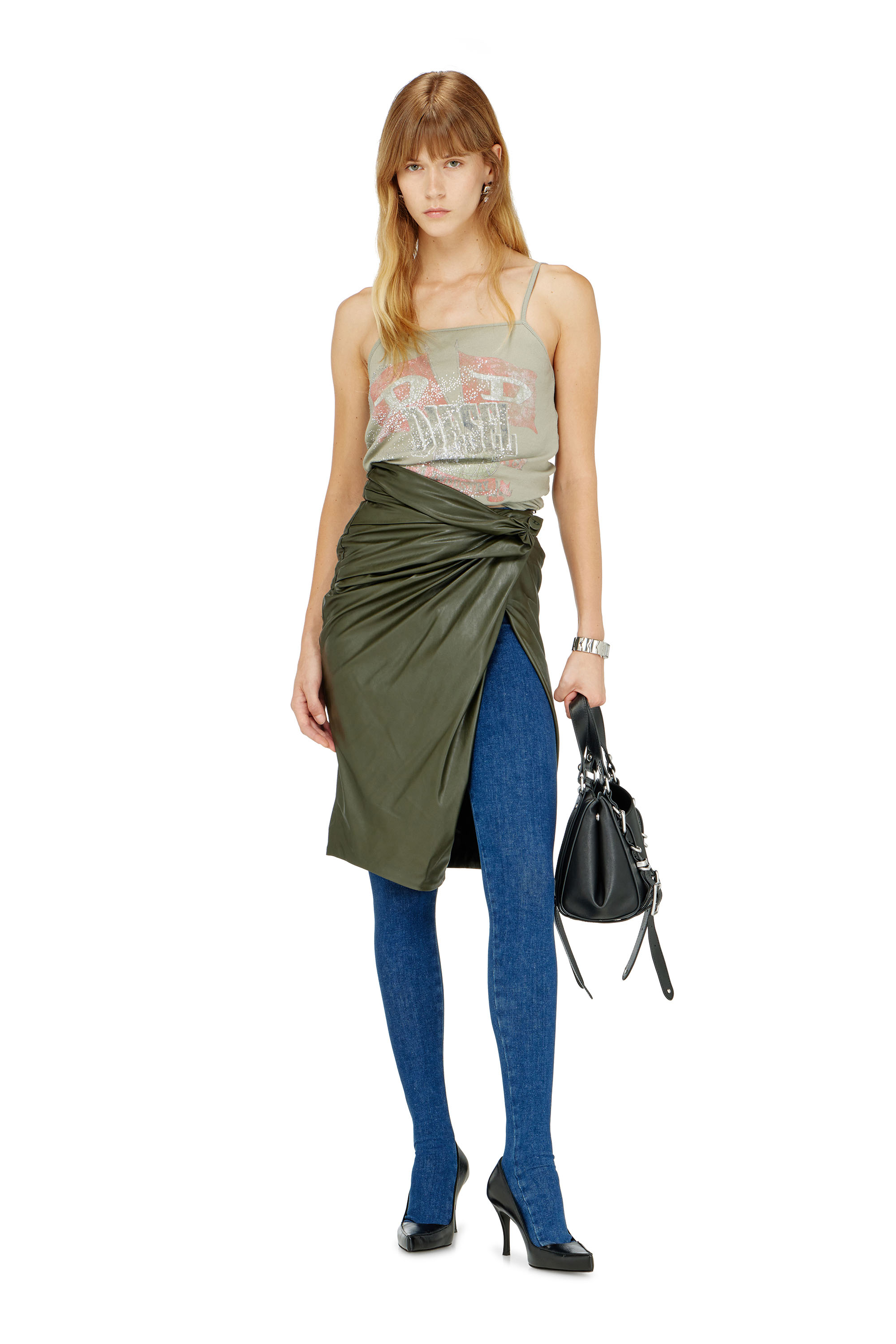 Diesel - O-DASLI, Woman's Draped pencil skirt with split in Green - 1