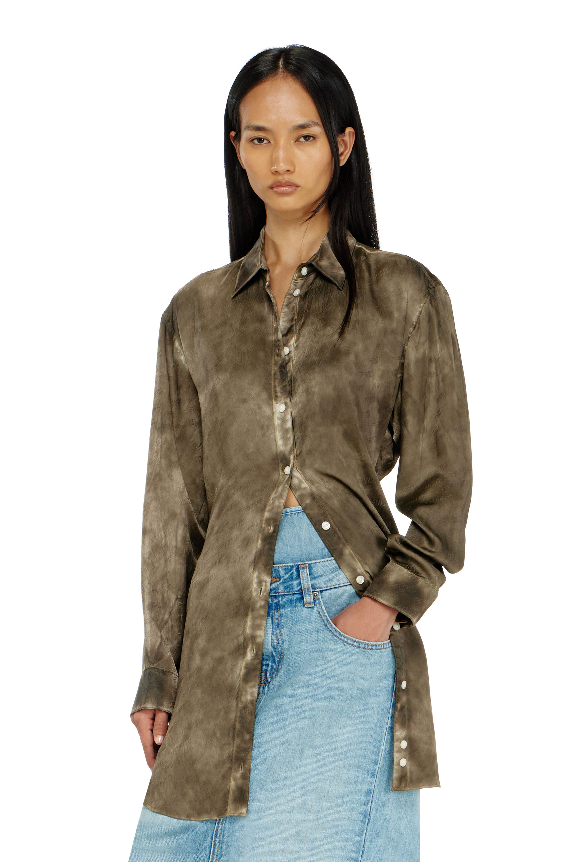 Diesel - C-LAVEL, Woman's Long shirt in logo-jacquard crinkled satin in Military Green - 1