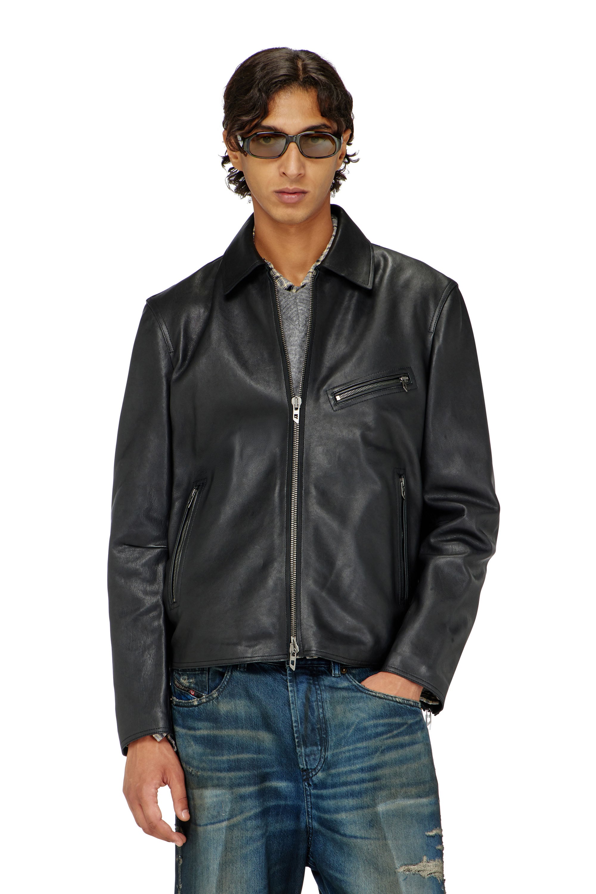 Diesel - L-KORN-A, Man's Leather jacket with embossed Oval D in Black - 3