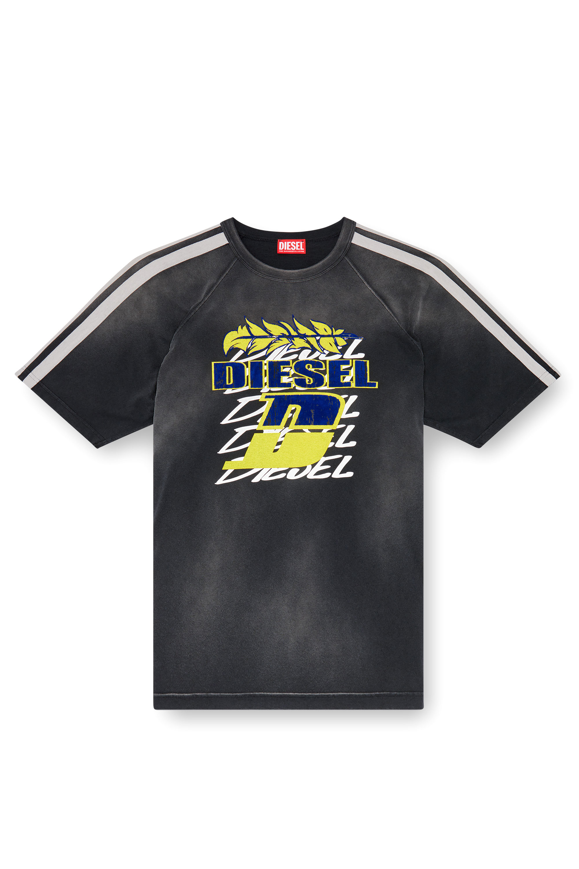 Diesel - T-ROXT-STRIPE, Man's Faded T-shirt with flocked logo print in Black - 3