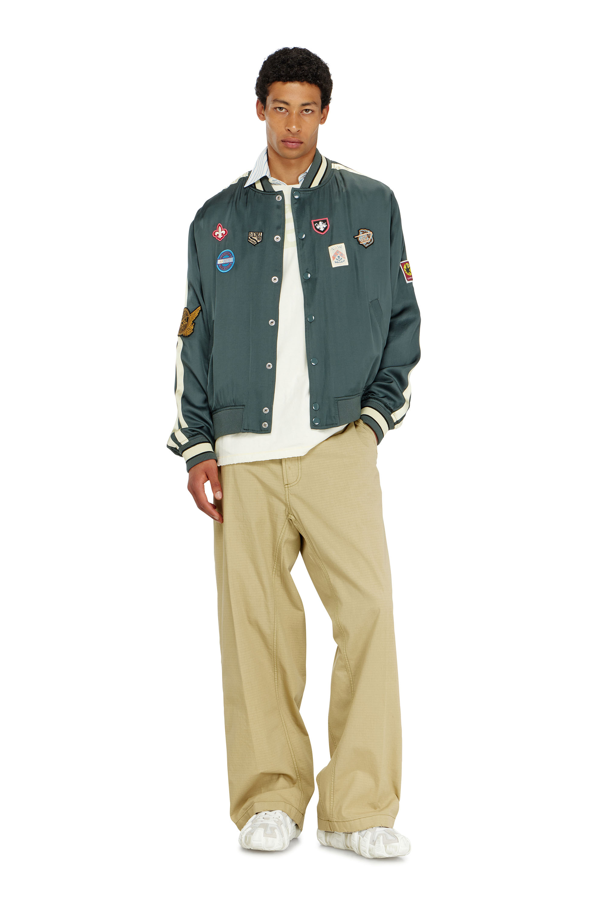 Diesel - J-ANNU, Man's Satin bomber jacket with patches in Dark Green - 2