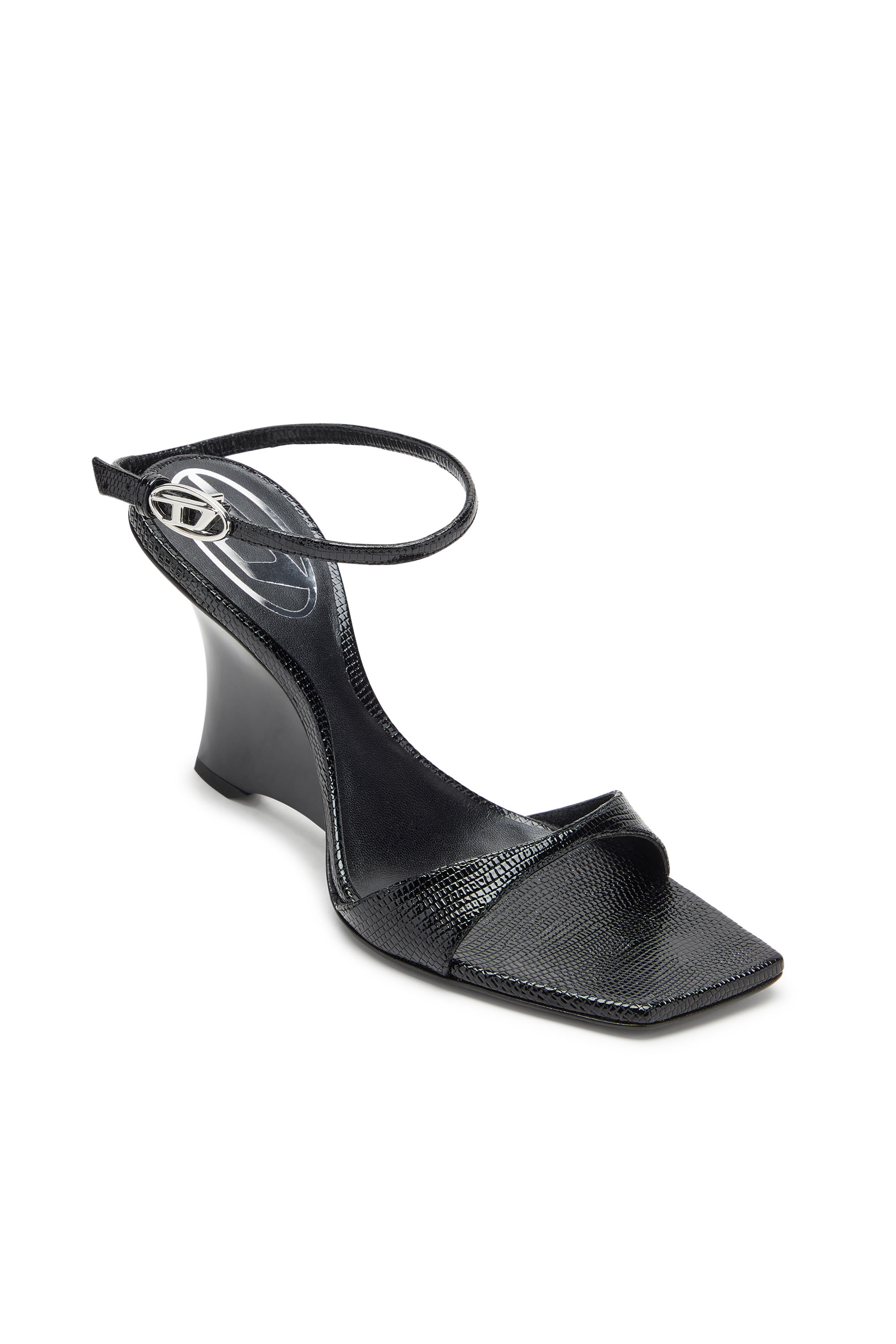 Diesel - D-AMBER SANDAL WEDGE, Woman's D-Amber-Wedge sandals in lizard-effect leather in Black - 4