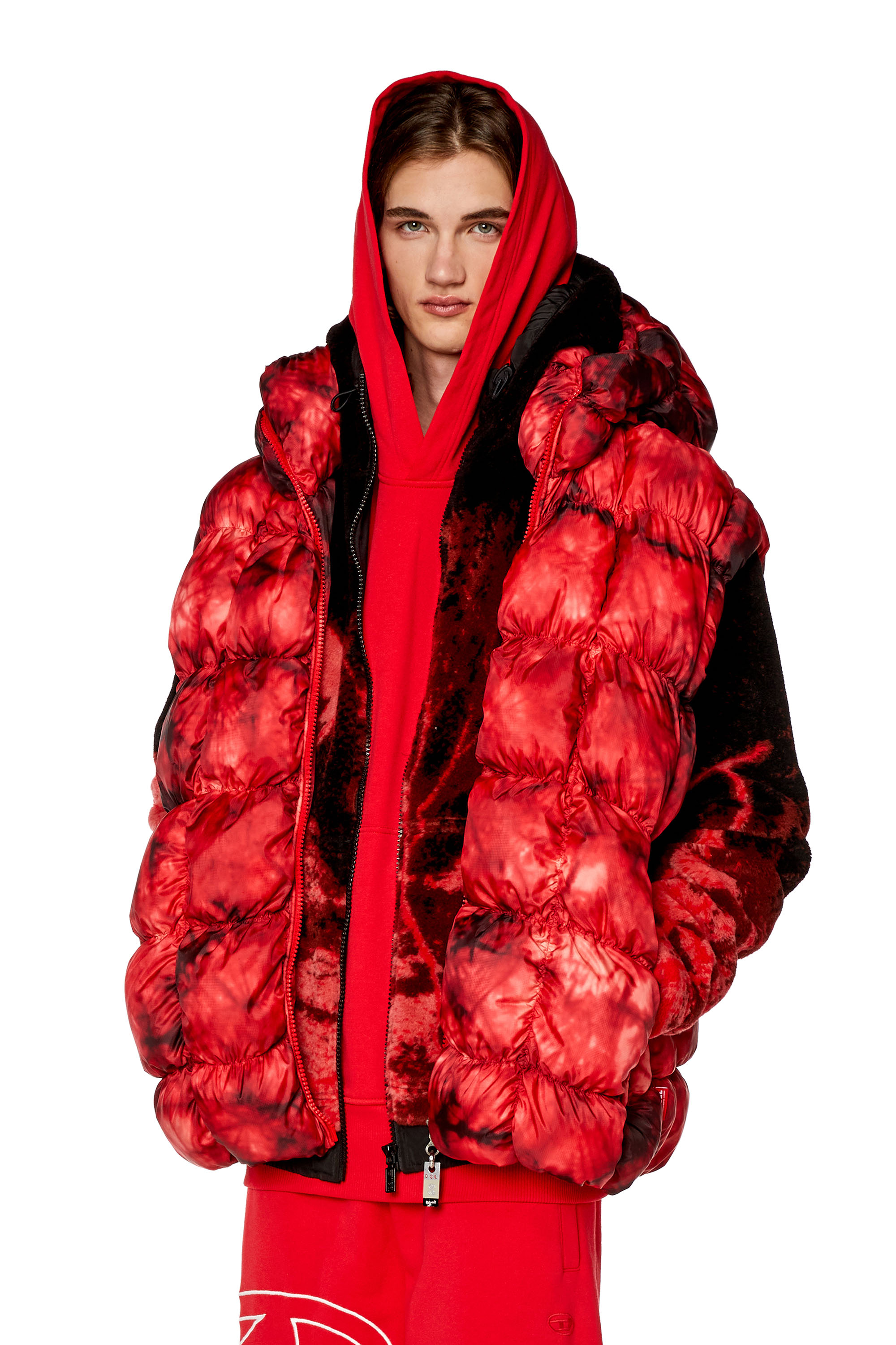 Diesel - W-RALLE-SL, Man's Padded vest jacket with hood in Red - 2