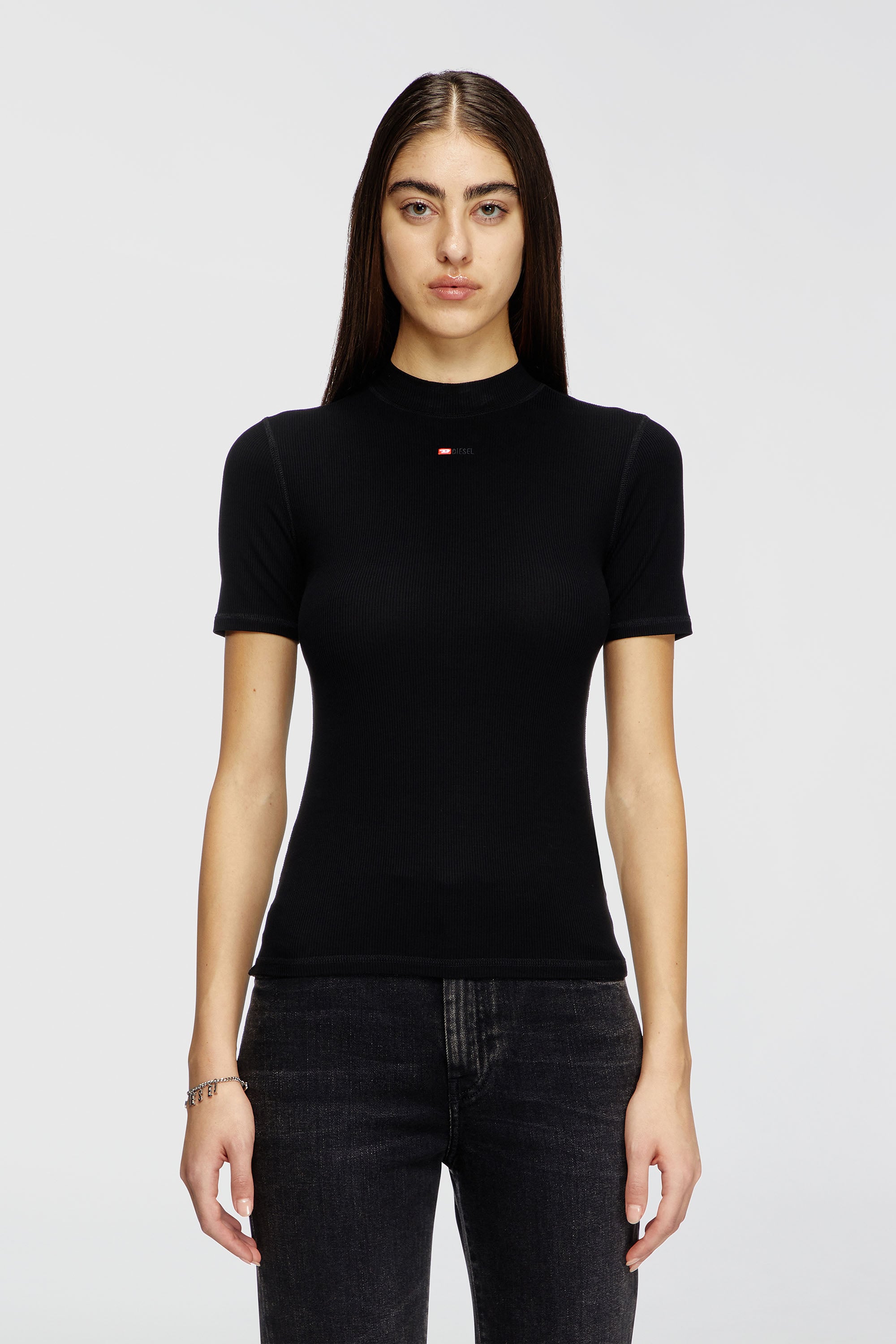 Diesel - T-MOKKY-MICRODIV, Woman's Ribbed T-shirt with mock neck in Black - 1