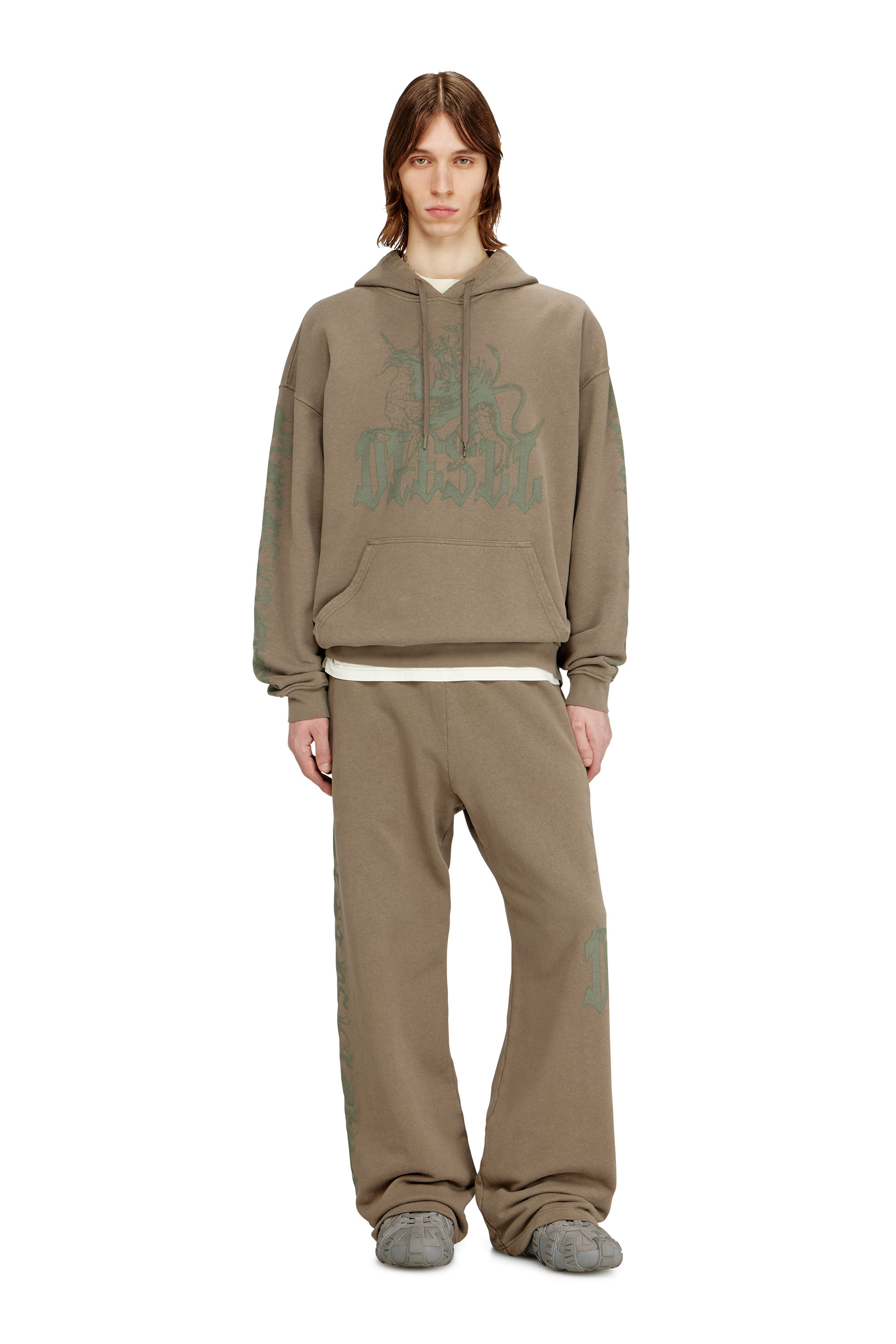 Diesel - S-GRIFFON, Man's Treated hoodie with griffin print in Light Brown - 2