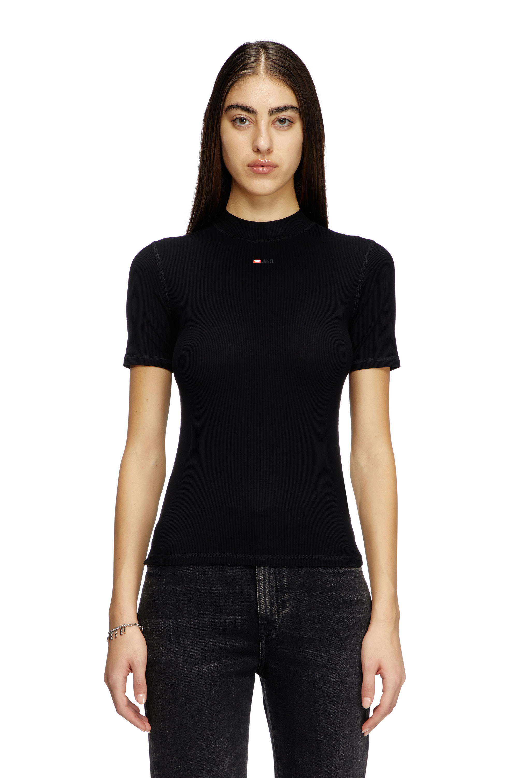 Diesel - T-MOKKY-MICRODIV, Woman's Ribbed T-shirt with mock neck in Black - 3