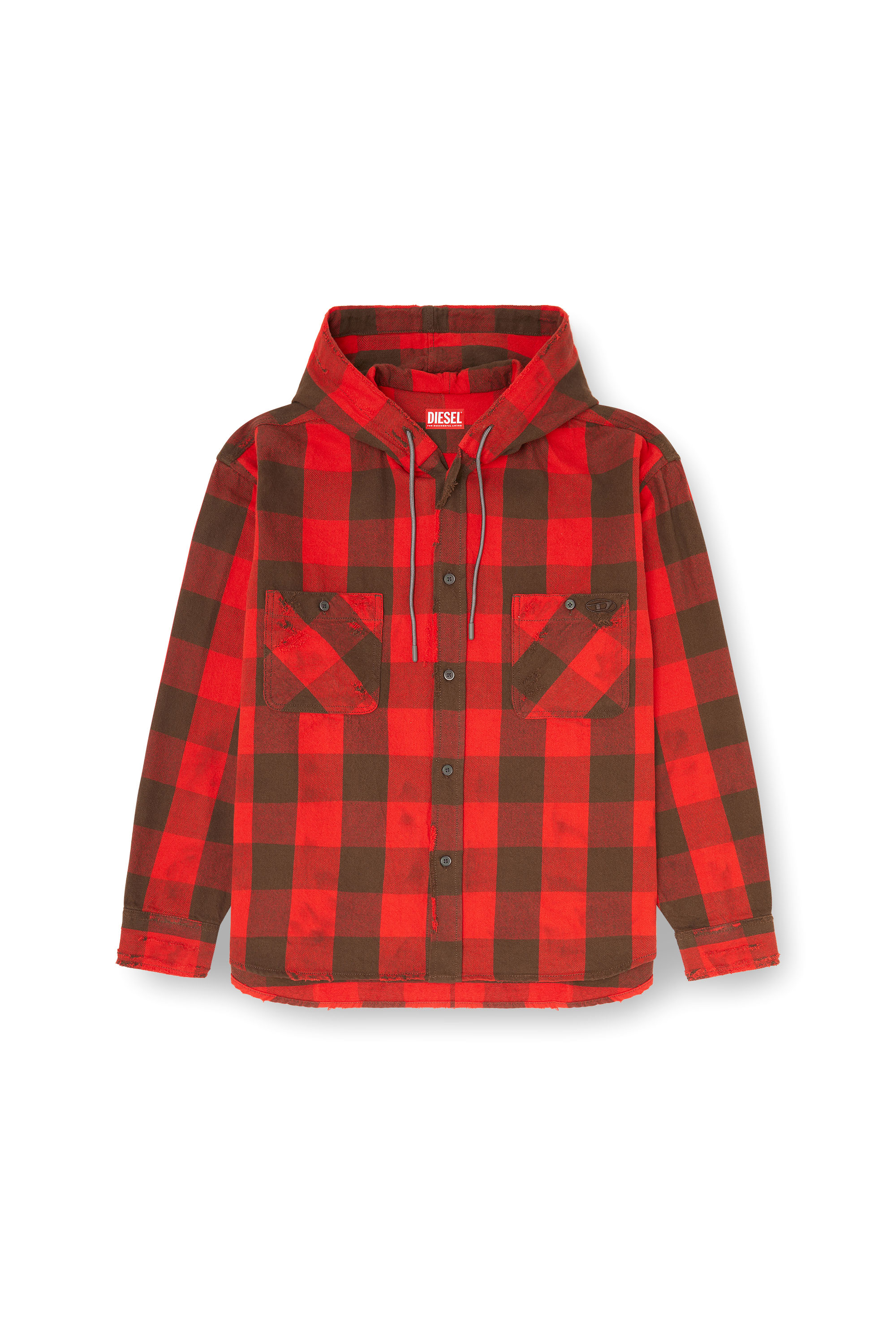 Diesel - S-DRUM-HOODY, Man's Distressed hooded shirt in check flannel in Red/Brown - 3