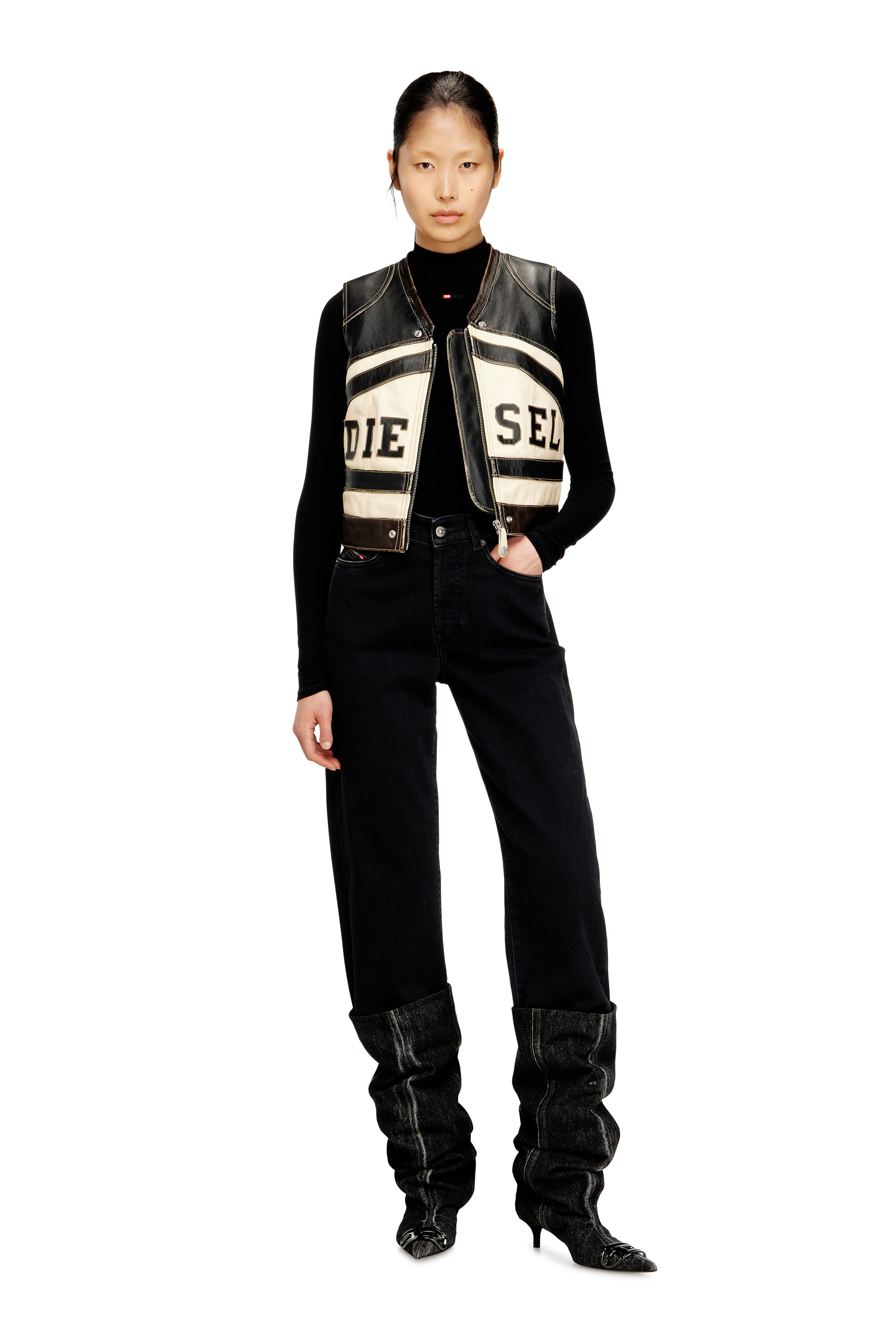 Diesel - L-FLYCOU-20TH, Woman's Leather vest with front logo and contrast stripes in Black/White - 2