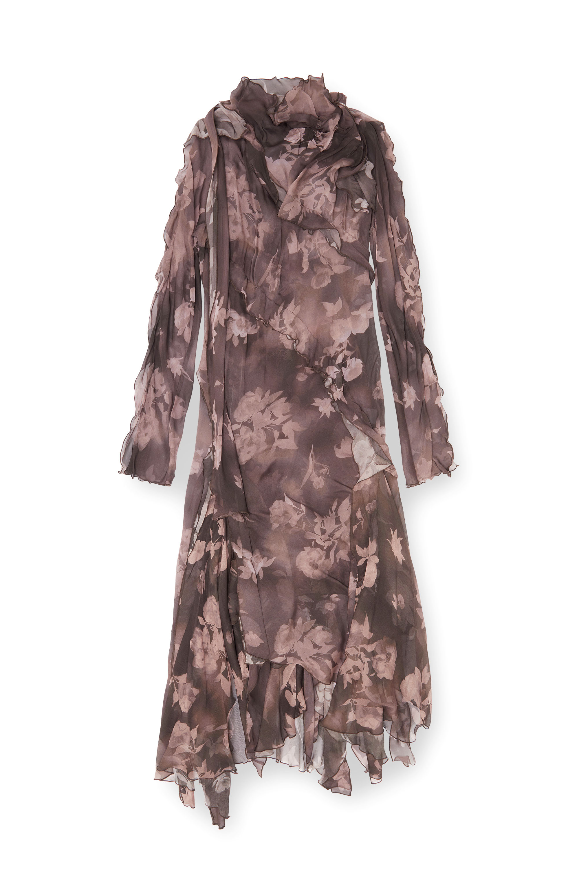 Diesel - D-RIADI, Woman's Asymmetric midi dress in chiffon and silk-crepe in Brown - 3