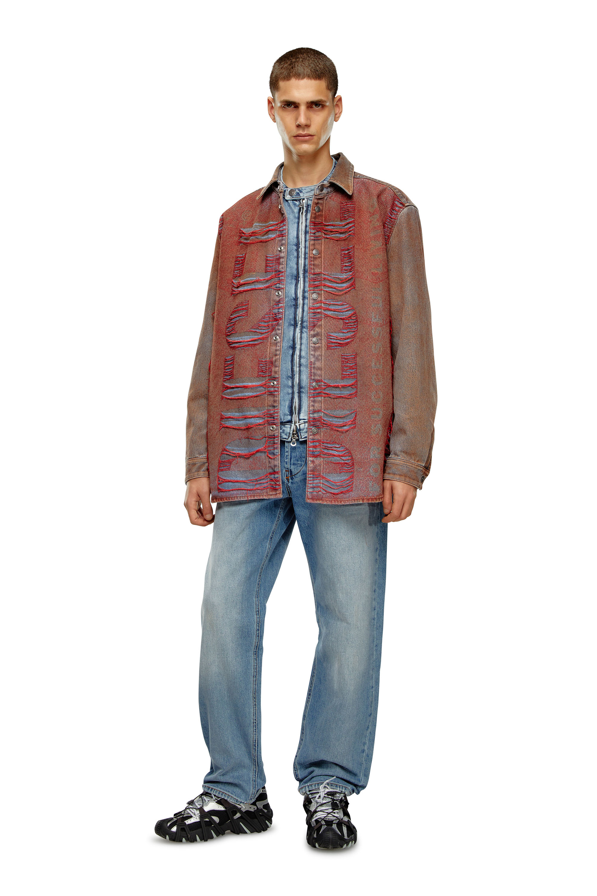 Diesel - D-SIMPLY-OVER-S, Man's Denim shirt with jacquard logo in Blue/Red - 1