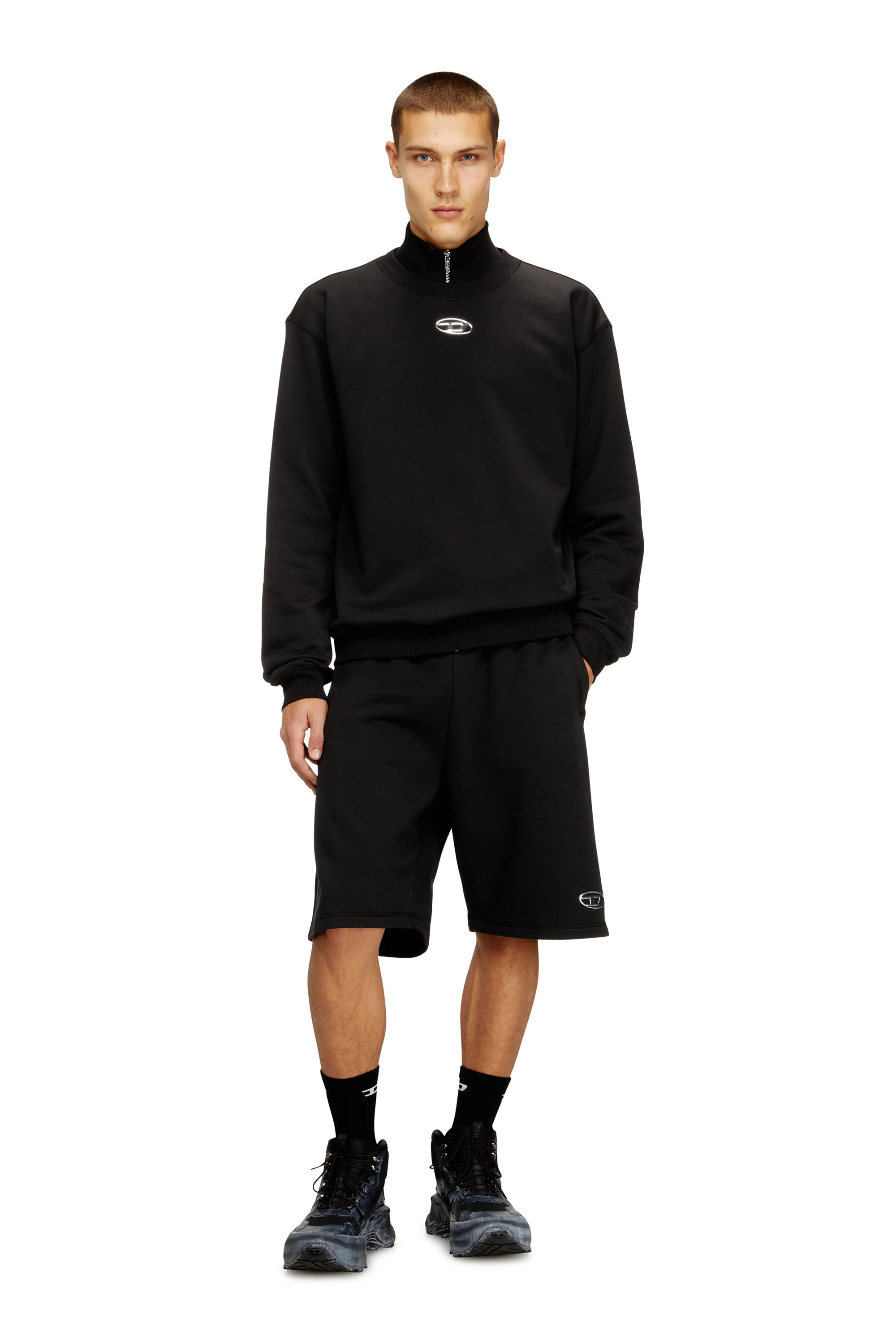 Diesel - P-MARSHY-IOD, Man's Fleece shorts with metallic Oval D in Black - 1