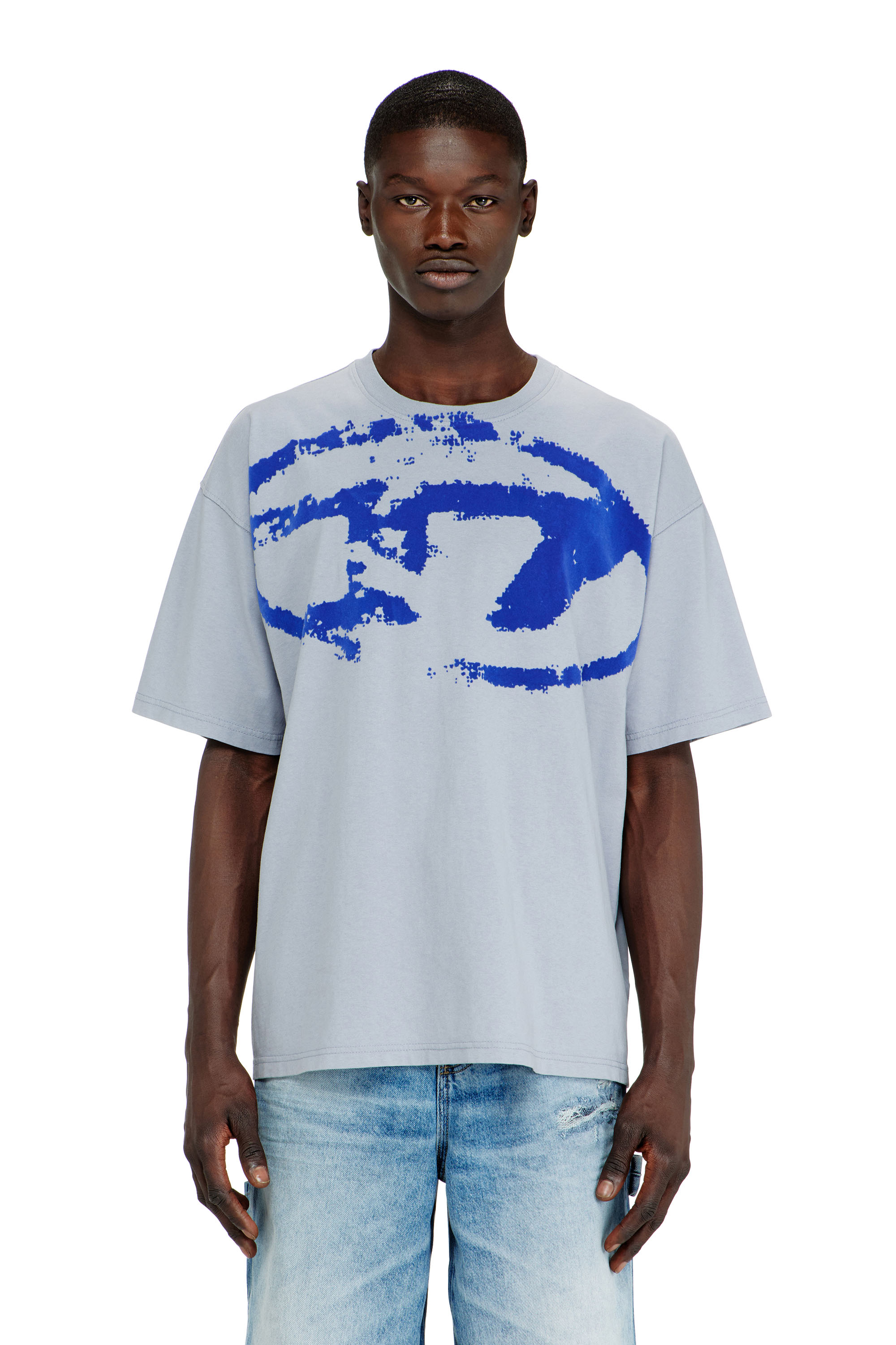 Diesel - T-BOXT-N14, Man's T-shirt with distressed flocked logo in Light Blue - 1