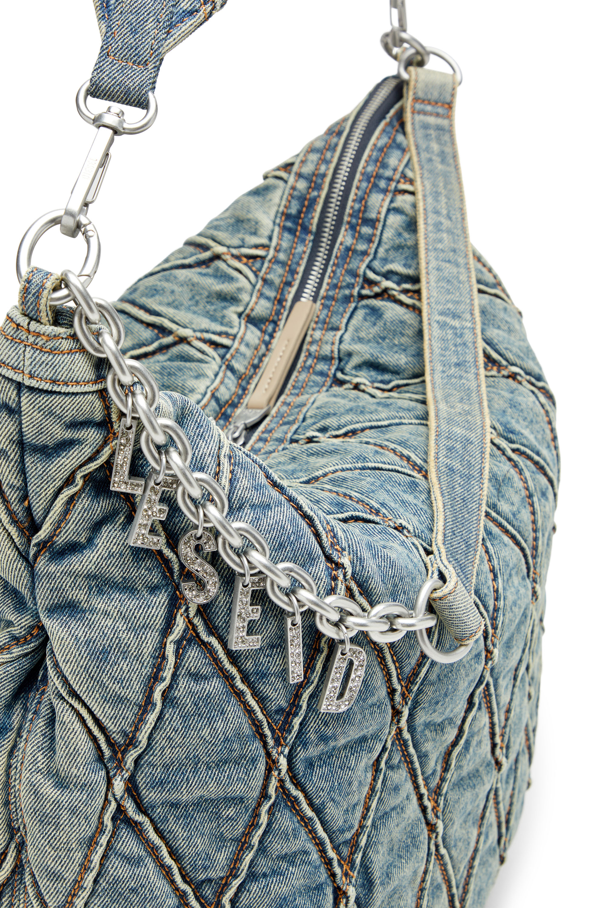 Diesel - CHARM-D HOBO, Woman's Charm-D-Large hobo in argyle quilted denim in Blue - 6