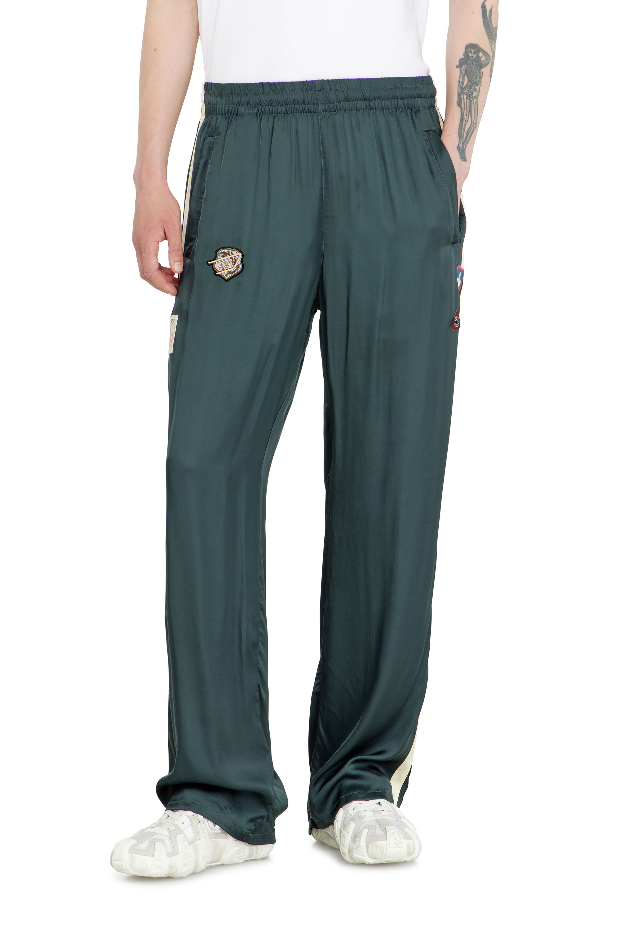 Diesel - P-ANNU, Man's Satin track pants with patches in Dark Green - 2