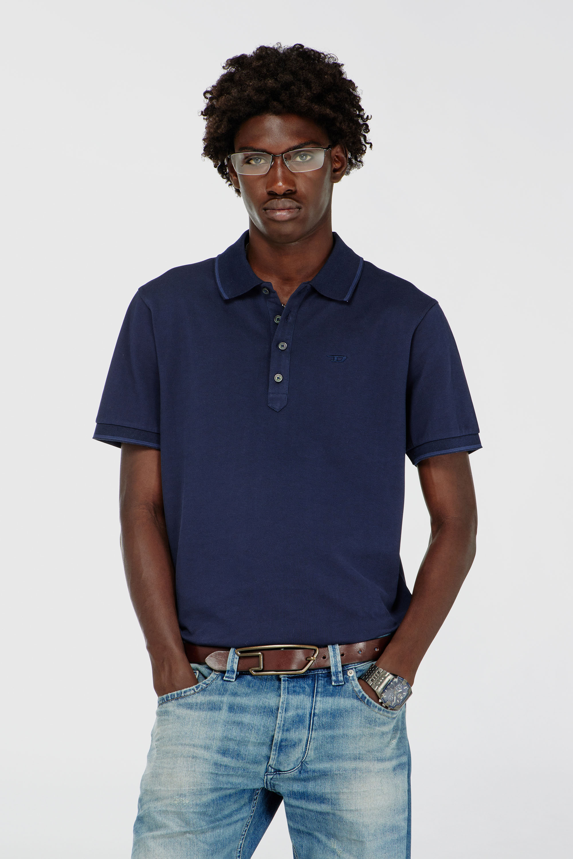 Diesel - T-FERRY-4B-D, Man's Polo shirt in cotton piqu&eacute; in Blue - 1