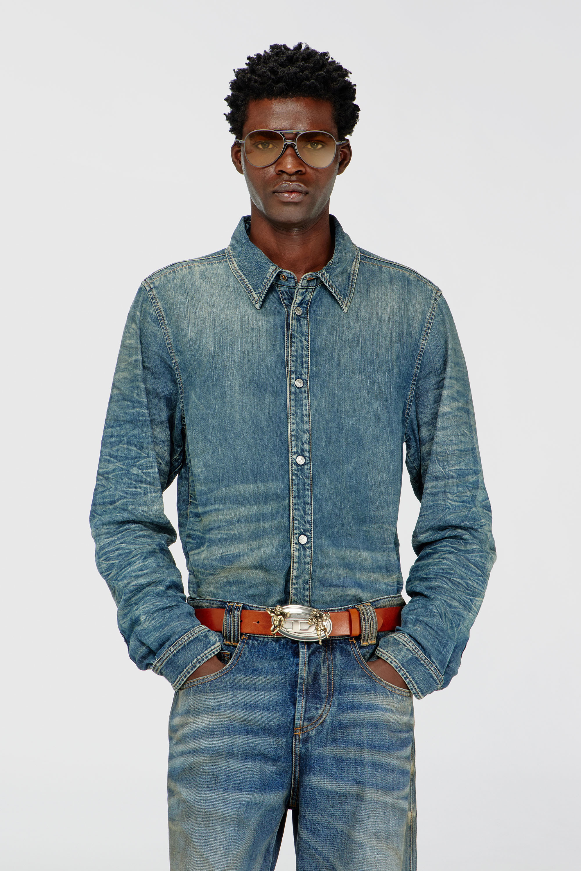 Diesel - D-SYNAR-FSJ4, Man's Shirt in dirty-effect creased denim in Medium blue - 2