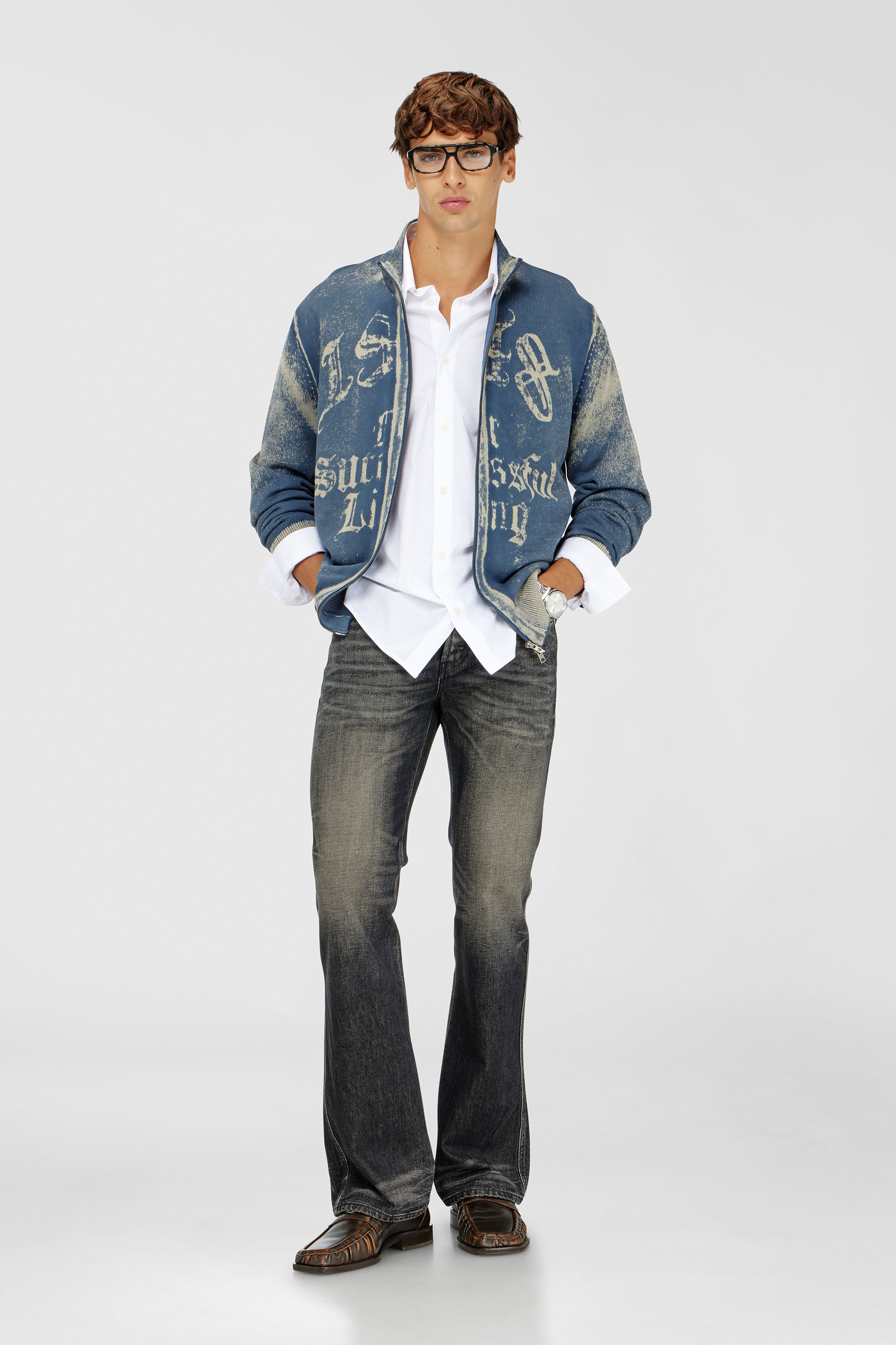 Diesel - K-LAUROS-A, Man's Zip-up cardigan in cotton with reverse print in Medium blue - 2