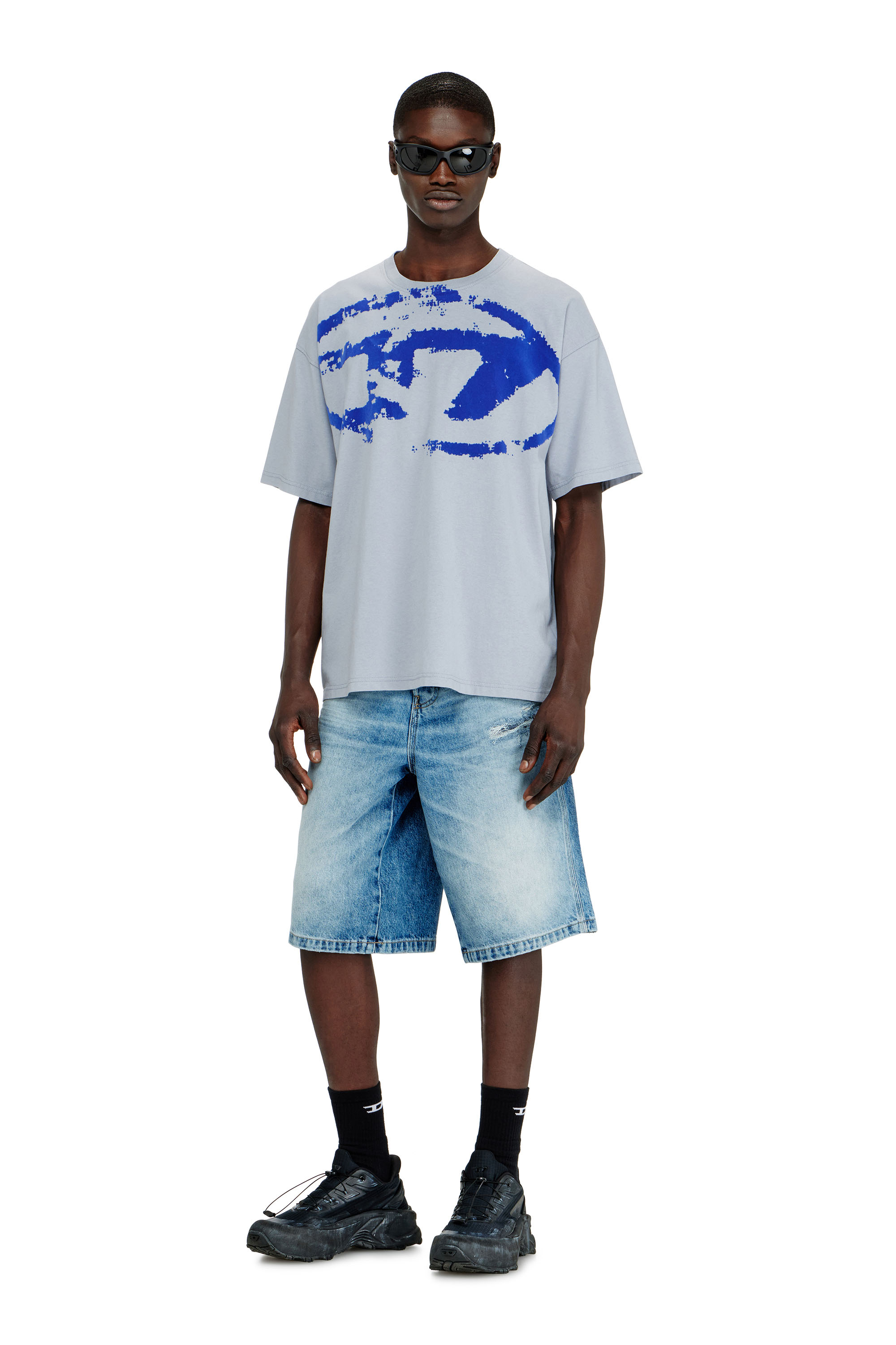 Diesel - T-BOXT-N14, Man's T-shirt with distressed flocked logo in Light Blue - 2