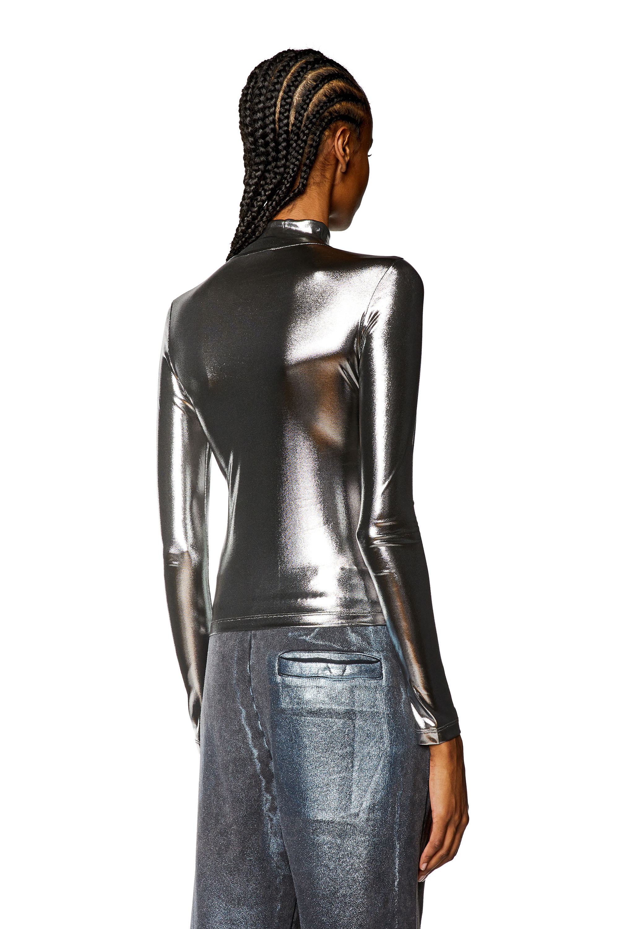Diesel - T-META, Woman's Metallic top with chain detail in Black - 4