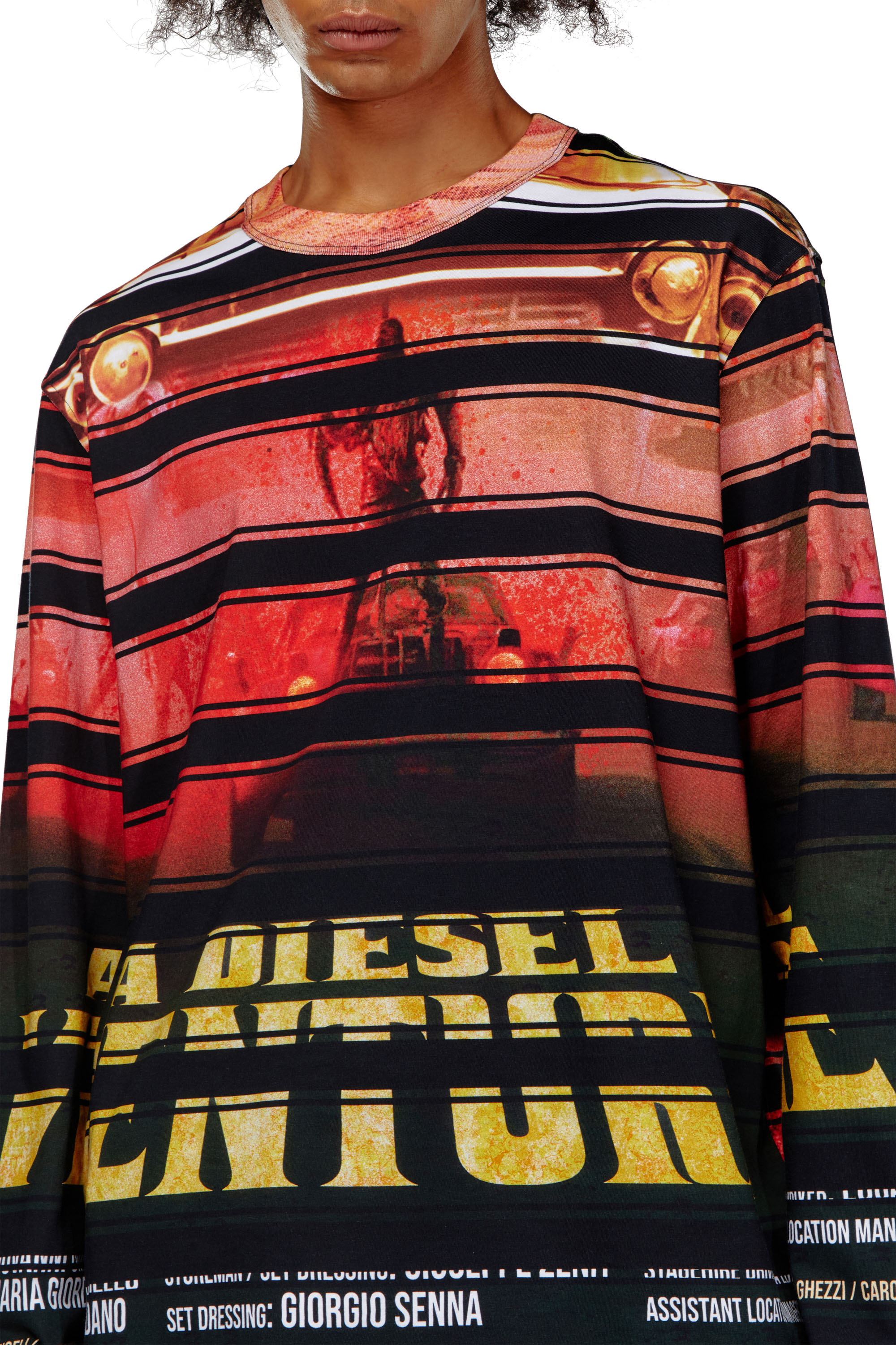 Diesel - T-CRANEUP-LS, Man's T-shirt with striped movie print in Black/Red - 5