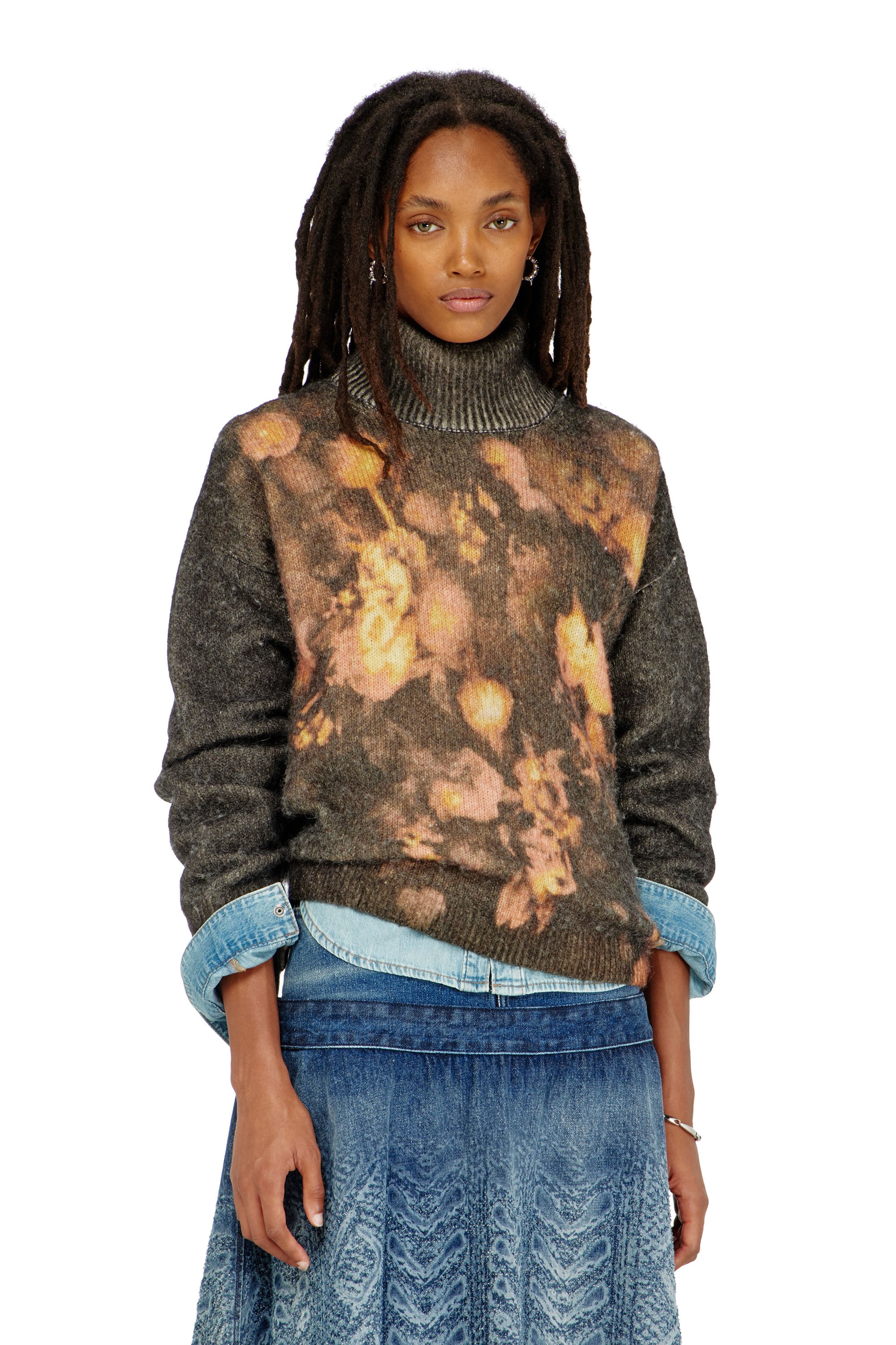 Diesel - M-CIURA, Woman's Wool and alpaca-blend floral turtleneck in Brown - 1