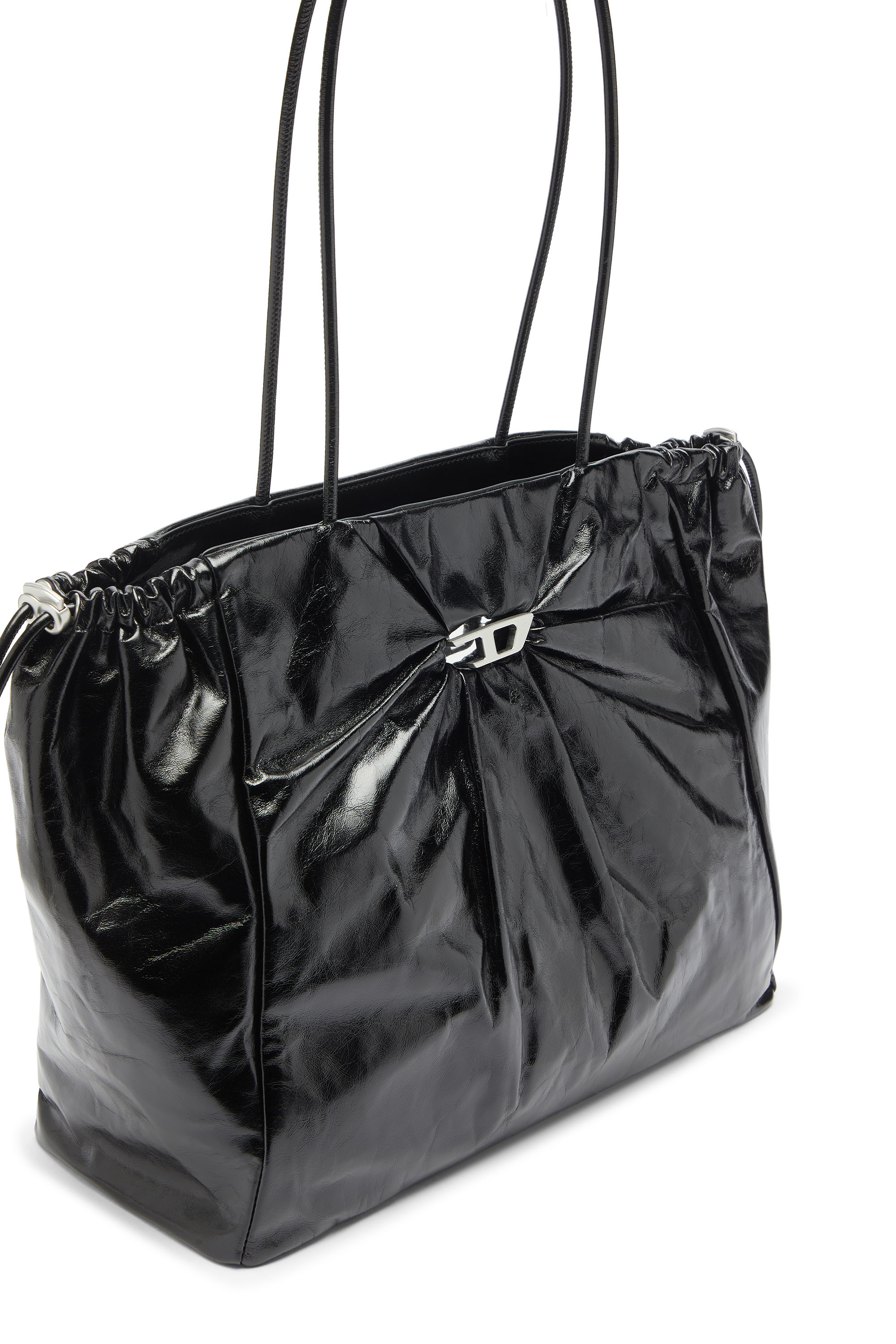 Diesel - SCRUNCH-D TOTE E/W, Woman's Scrunch-D - Tote bag in shiny wrinkled leather in Black - 5
