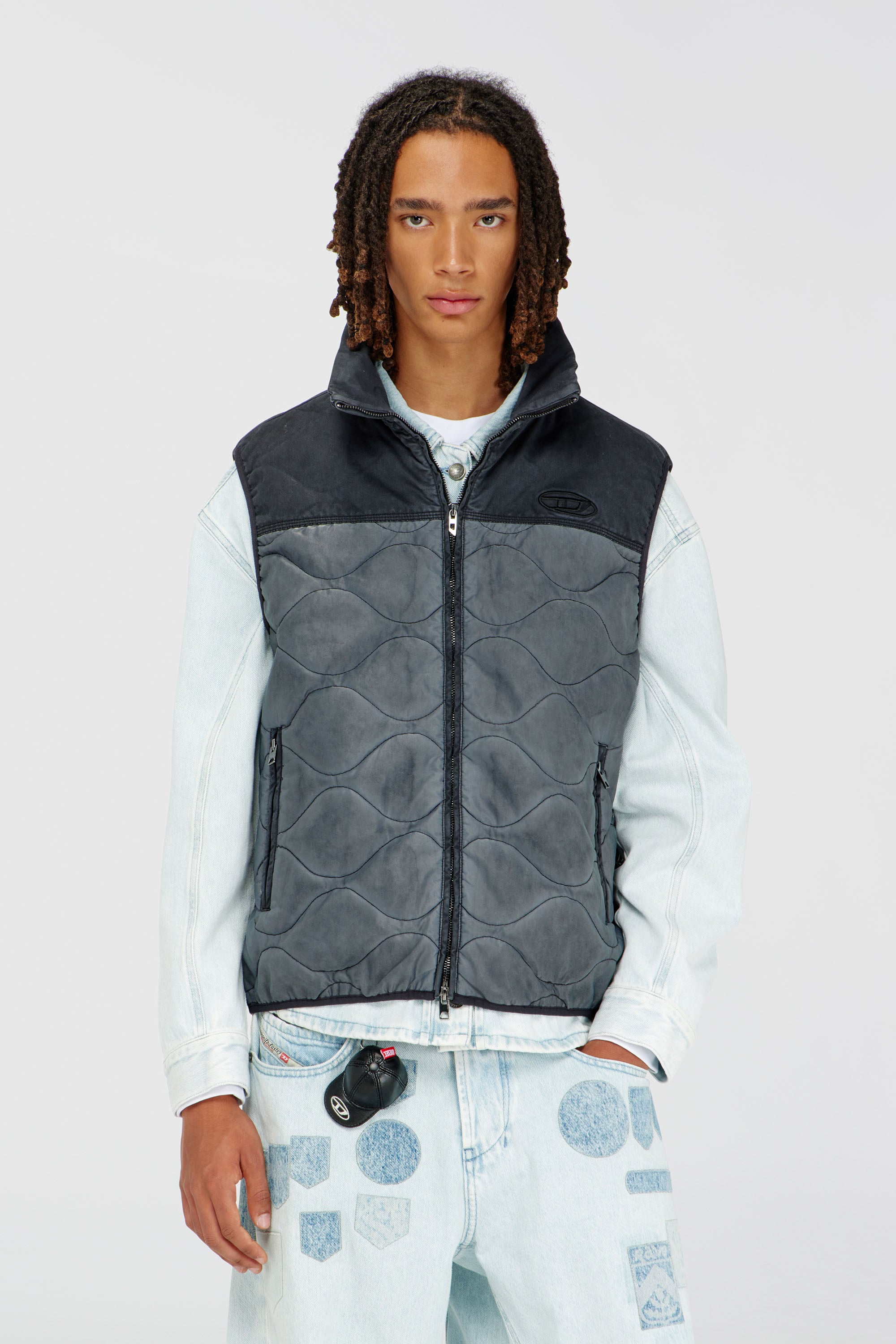 Diesel - J-ALVAR, Man's Quilted vest with fluffy neck lining in Dark grey - 3